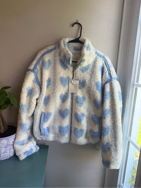 Thread & Supply Cream Sherpa Jacket with Light Blue Hearts